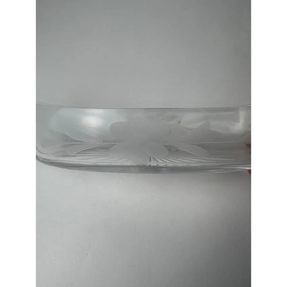 Vintage‎ Clear Etched Star Glass Oval Canoe Boat Dish w Handles Floral Design
